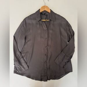 Zara Button Down Shirt Long Sleeve Collared‎ Blouse Top Gray Size M